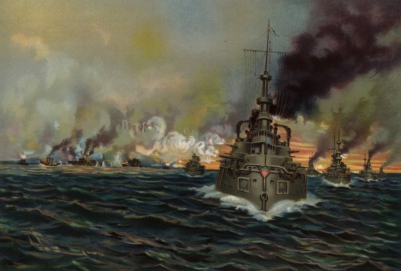 Marinha dos EUA, batalha naval de Santiago, 3 de Julho de 1898 (cor litho) de American School