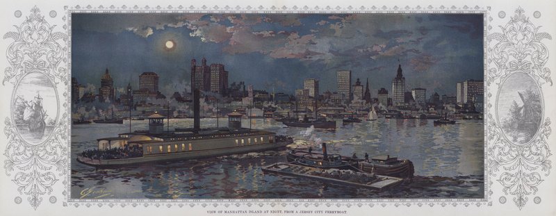 Vista da ilha de Manhattan à noite, a partir de um ferryboat de Jersey City (litografia a cores) de American School