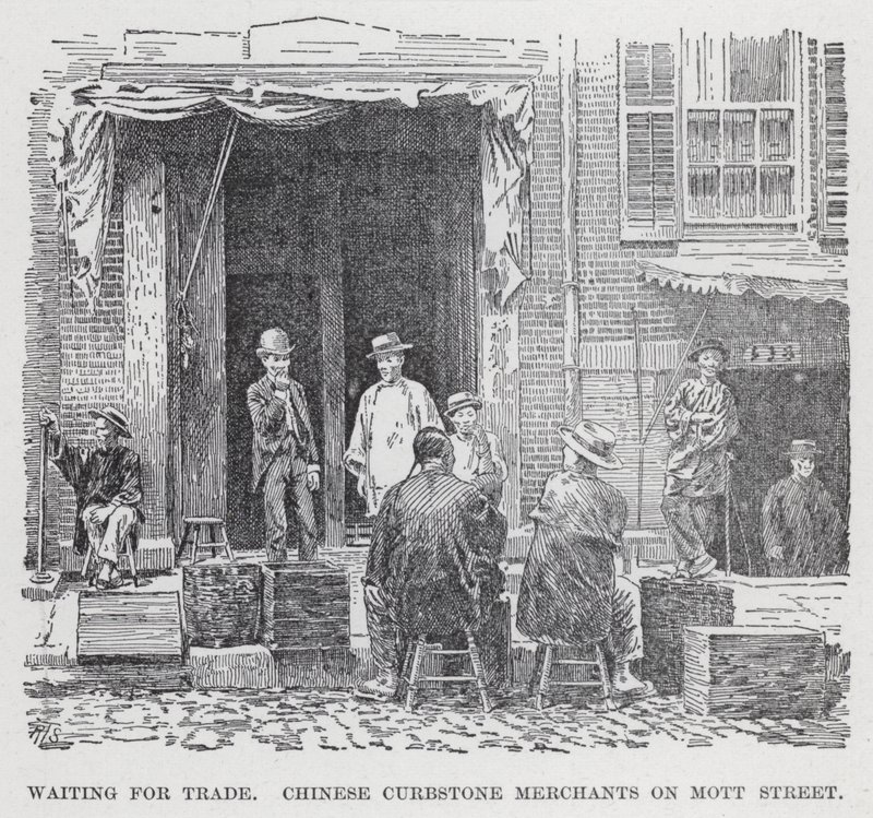 À espera de comércio, Comerciantes chineses de Curbstone em Mott Street (litho) de American School