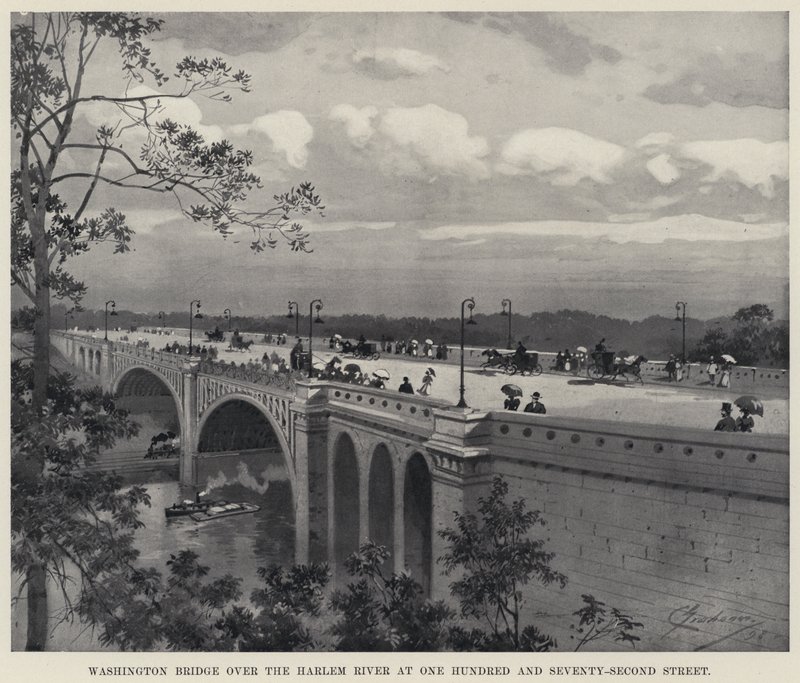 Ponte de Washington sobre o Rio Harlem na One Hundred and Seventy-Second Street (litho) de American School
