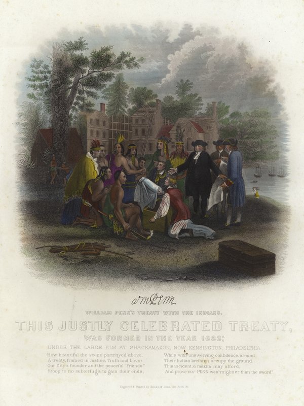 William Penn tratado com os índios (gravura a cores) de American School