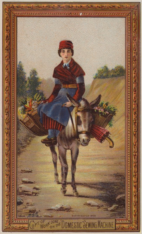 Mulher, montando, burro de American School