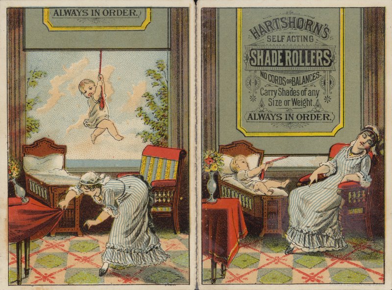 Mulher e Bebê publicidade Shade Rollers, Blinds de American School