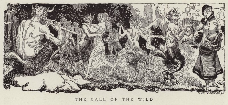 Mulher a ser tentada por faunos para ceder aos seus impulsos mais selvagens (litografia) de American School