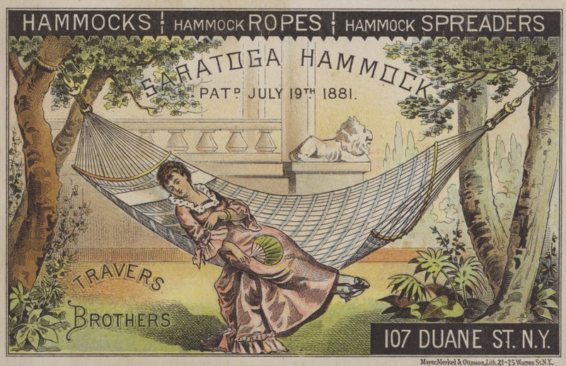 Mulher deitada em rede com ventilador chinês (chromolitho) de American School