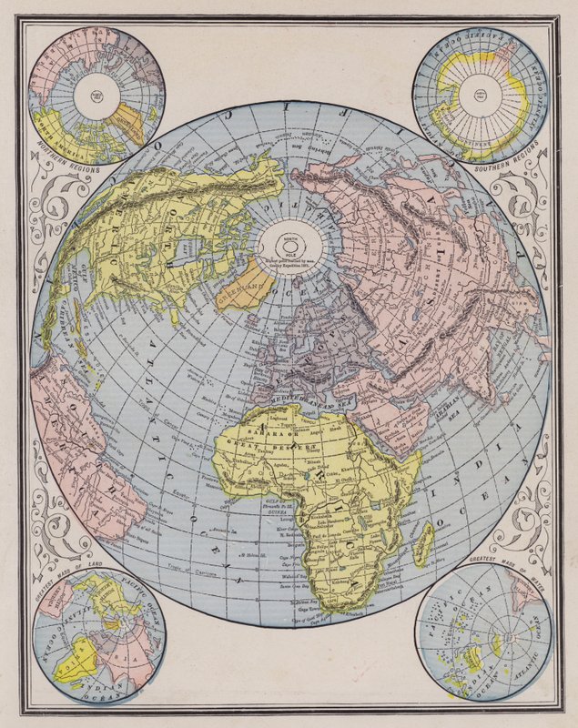 Mapa mundial mostrando os continentes, regiões polares e mudanças no nível do mar (gravura colorida) de American School