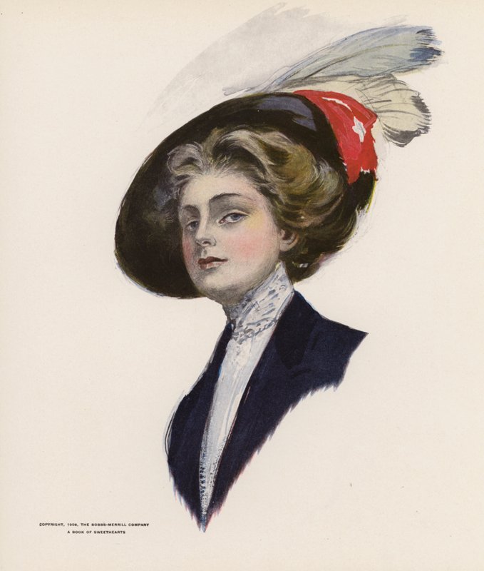 Mulher jovem com um chapéu de penas (litografia a cores) de American School
