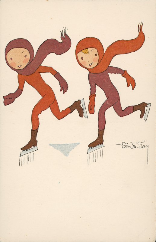 Dois rapazes a patinar no gelo (litografia a cores) de Andre Foy