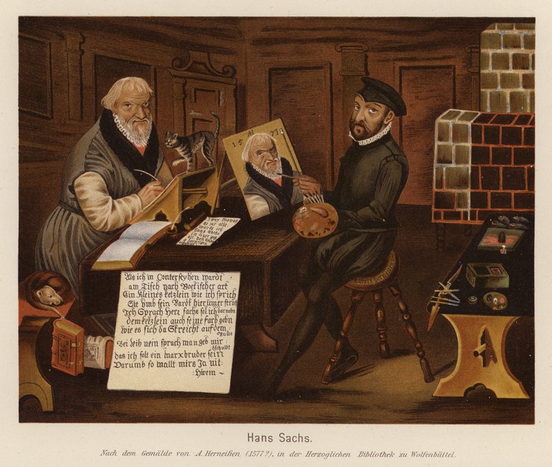 Hans Sachs, cantor, poeta e dramaturgo alemão (litografia a cores) de Andreas Herneisen