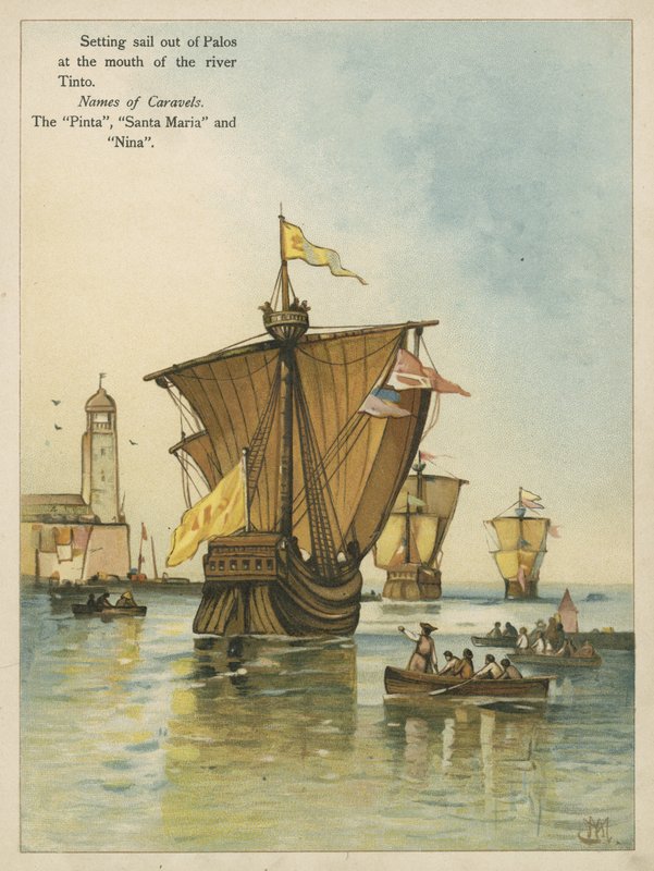 Colombo navegando para o Novo Mundo (chromolitho) de Andrew Melrose