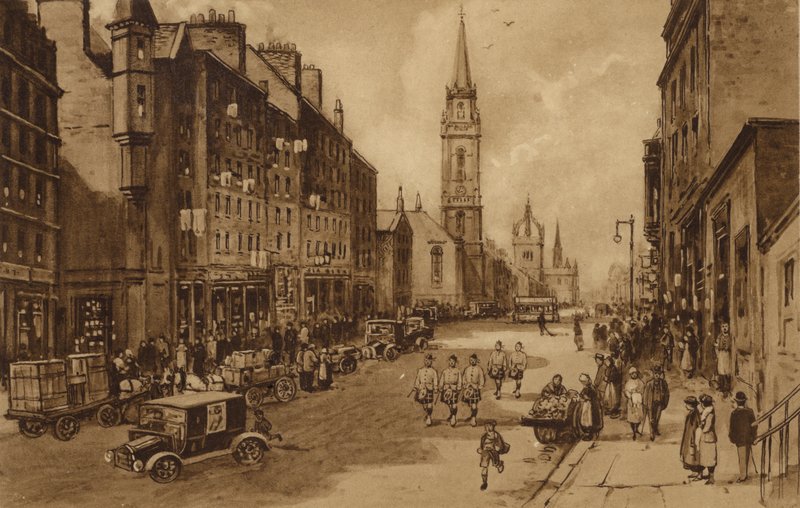 Edimburgo: High Street, olhando para a Igreja de Tron e a Catedral de São Giles (litho) de Andrew Allan