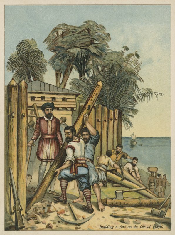 Columbus construindo um forte no Haiti (chromolitho) de Andrew Melrose