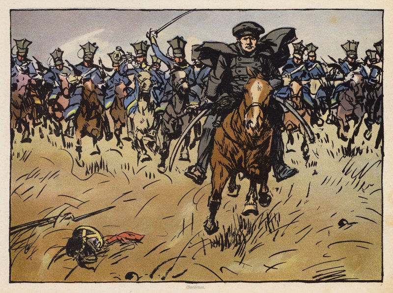 O marechal de campo prussiano Gneisenau à frente de uma carga de cavalaria (cromolitografia) de Angelo Jank
