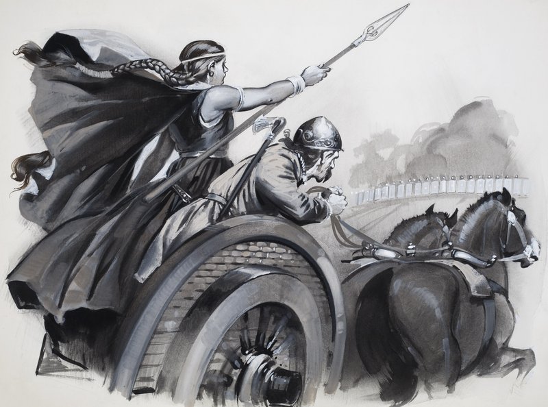 Boadiceia a incitar a fúria dos bretões contra os seus senhores romanos (guache sobre papel) de Angus McBride