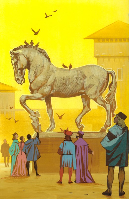 Estátua de barro de um cavalo construída por Leonardo Da Vinci (guache sobre papel) de Angus McBride