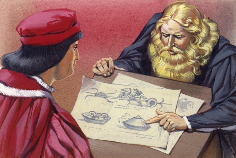 Leonardo Da Vinci explicando possíveis motores de guerra a Ludovico Sforza (guache sobre papel) de Angus McBride