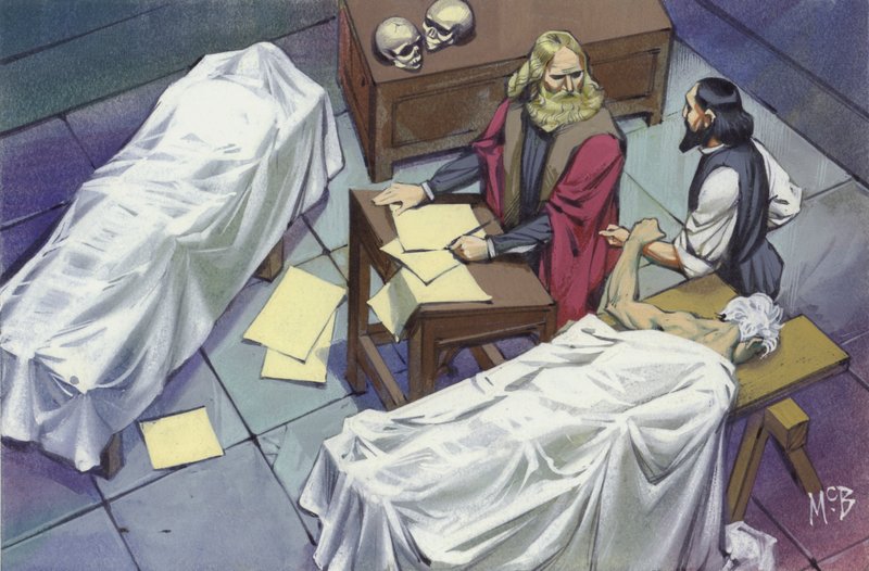 Leonardo Da Vinci investigando a anatomia humana, utilizando os cadáveres de homens que tinham morrido no hospital (guache sobre papel) de Angus McBride