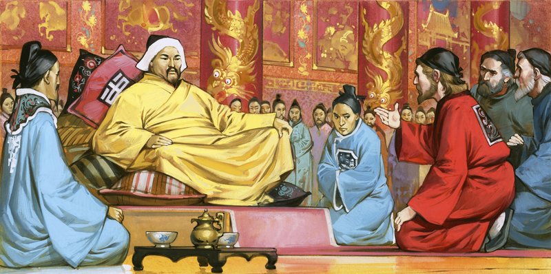 Marco Polo na corte de Kublai Khan, século XX (guache sobre papel) de Angus McBride