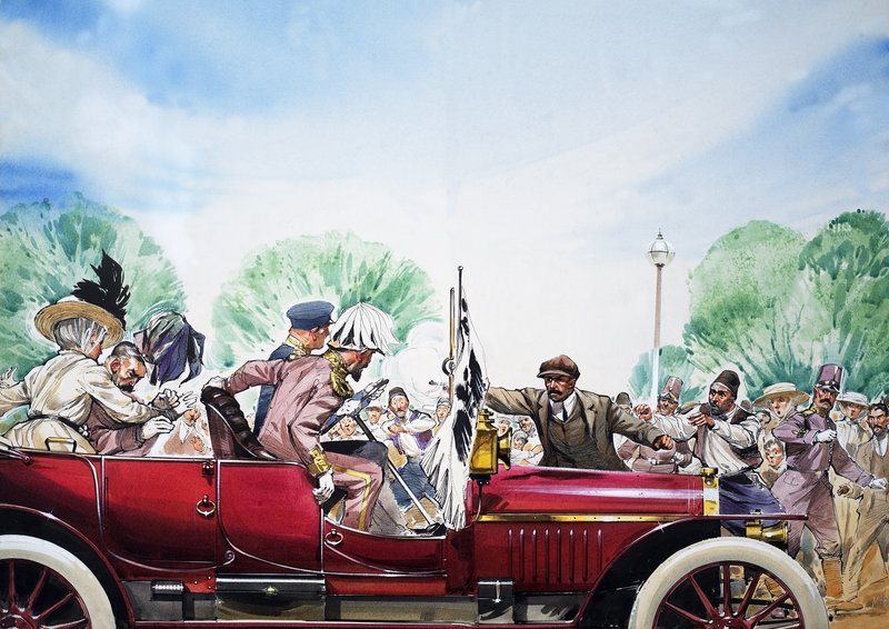 Eclosão da Primeira Guerra Mundial, ilustração de "Great Events in World History" (guache sobre papel) de Angus McBride