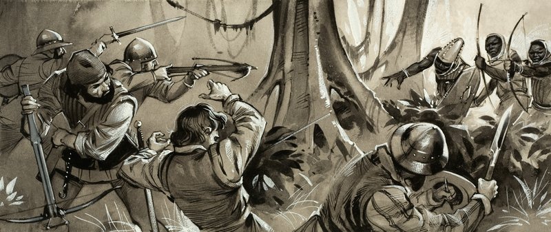 Marinheiros portugueses atacados por tribos hostis no Norte de África (guache sobre papel) de Angus McBride