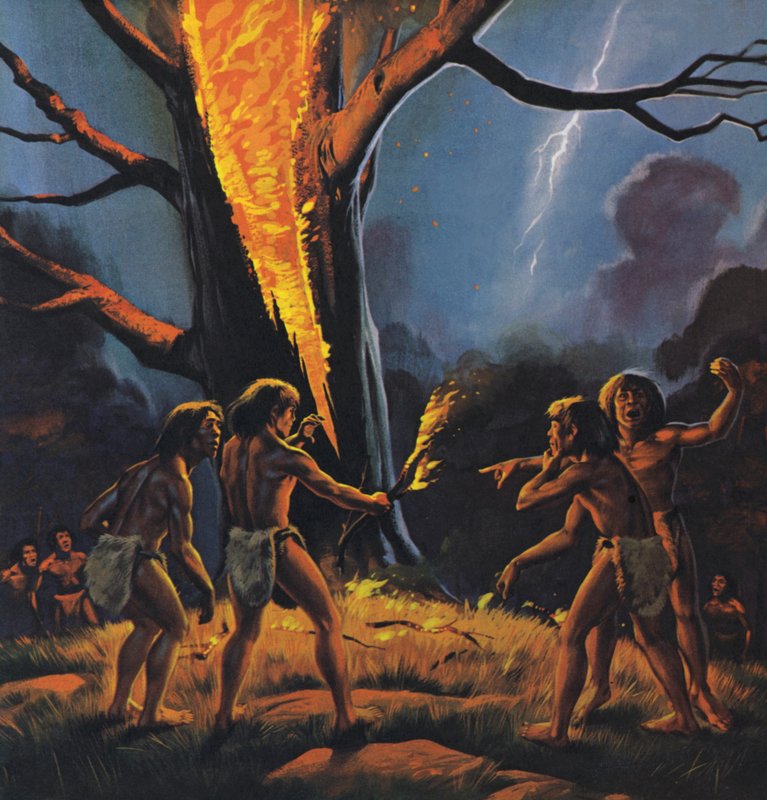 O homem pré-histórico e o fogo (litografia a cores) de Angus McBride