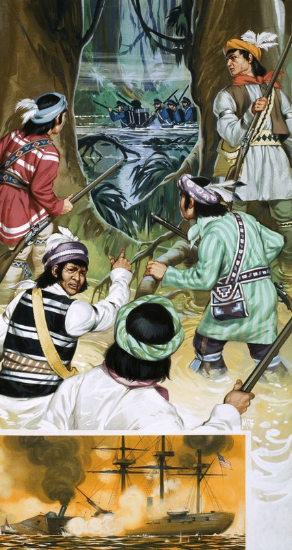 Os índios Seminole lutam contra os soldados americanos nos pântanos de Angus McBride