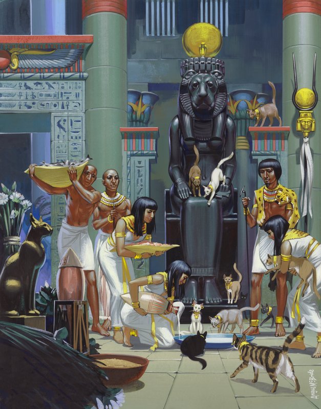 Servos alimentando gatos num antigo templo egípcio (guache sobre papel) de Angus McBride