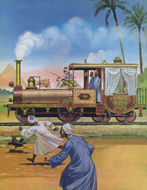 O Khedive do Egito mandou construir uma locomotiva e uma carruagem em Inglaterra em 1862 (litografia a cores) de Angus McBride