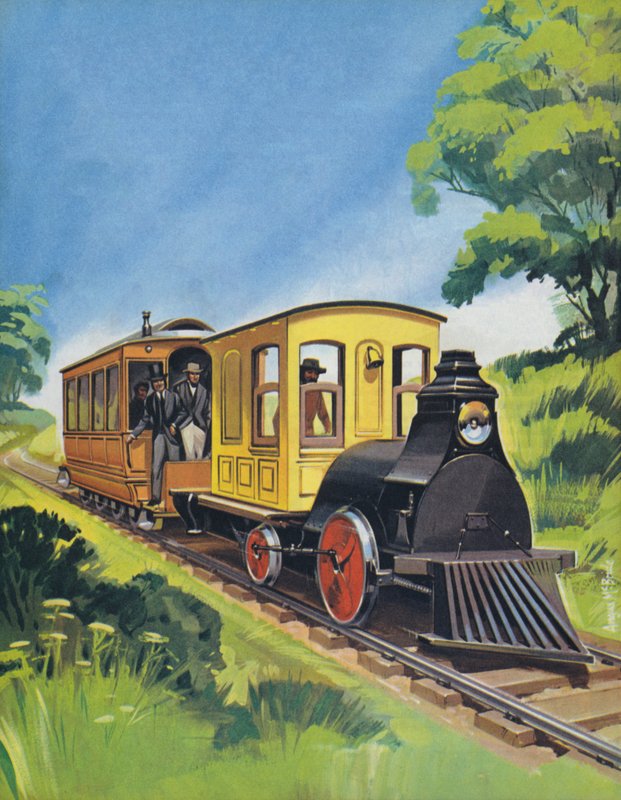 Comboio elétrico de Thomas Edisons, construído em 1882 (litografia a cores) de Angus McBride