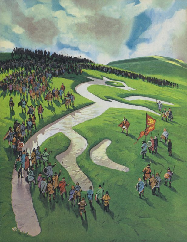 Cavalo branco de Uffington, construído por Alfredo, o Grande, após a batalha de Ashdown contra os dinamarqueses (litografia a cores) de Angus McBride