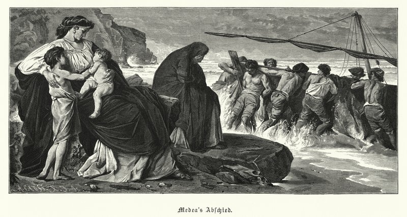O Adeus de Medéia: cena da tragédia grega antiga de Eurípides Medéia, baseada na lenda de Medéia e Jason (gravura) de Anselm Feuerbach