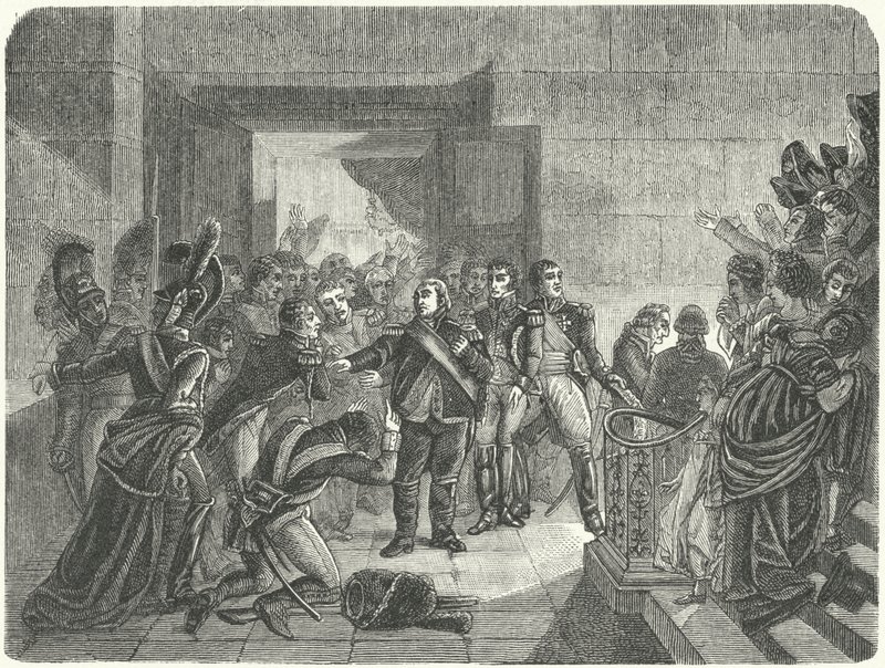 Luís XVIII deixando o Palácio Tuileries após saber do retorno de Napoleão à França de Elba de Antoine Jean (after) Gros