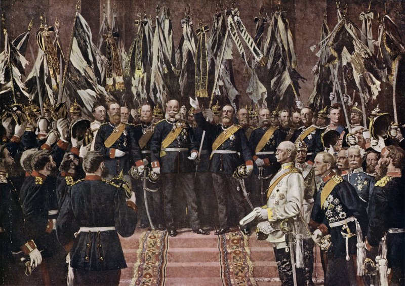 O Rei Wilhelm I da Prússia proclamou Imperador de uma Alemanha unida, Versalhes, França de Anton Alexander von (after) Werner