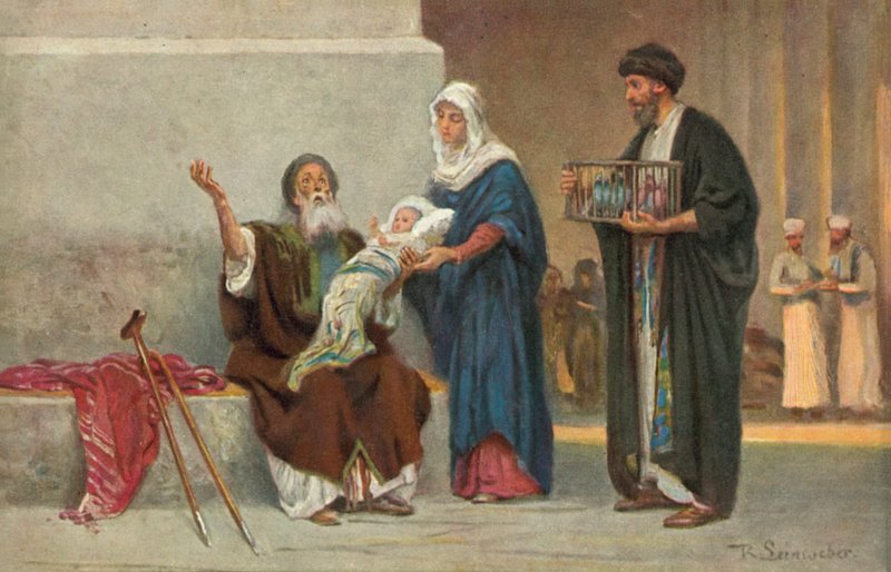 Maria e José apresentam o Menino Jesus a Simeão (litografia a cores) de Anton Robert Leinweber