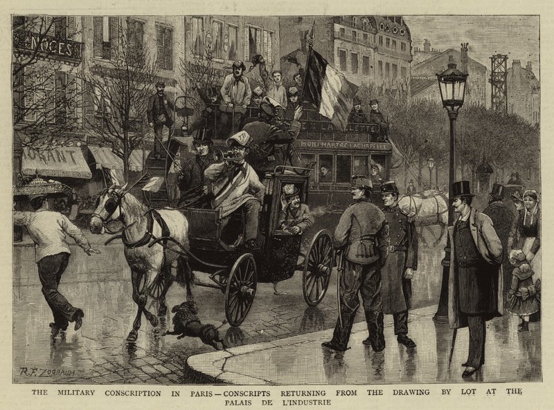 O recrutamento militar em Paris, recrutas retornando do desenho por Lot no Palais de L&39;Industrie de Antonio the Elder Gonzalez Velazquez