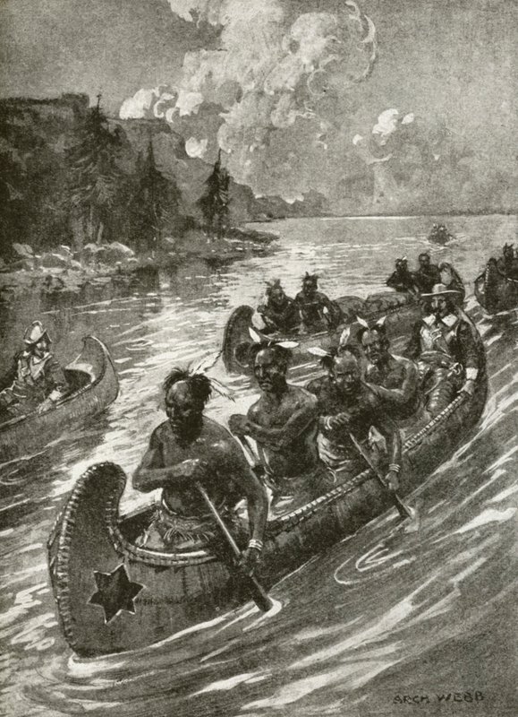 Samuel De Champlain em 1608 subindo o rio St Lawrence nas canoas dos simpáticos índios nativos americanos (litho) de Archibald Bertram (after) Webb
