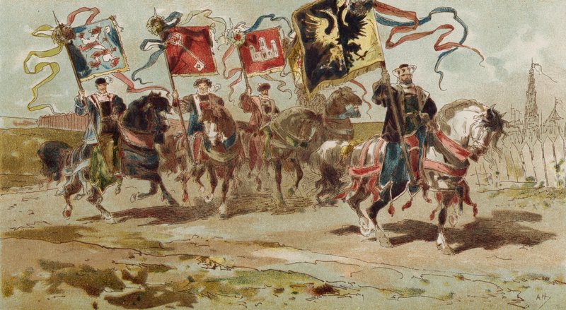 Cavaleiros carregando bandeiras da Liga Hanseática e algumas de suas cidades membros, Holanda Espanhola, Século XVI de Armand Jean Heins