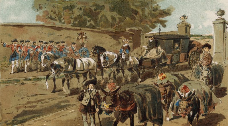 Laden, burros, e, treinador correio, austríaco, holanda, século 18 de Armand Jean Heins