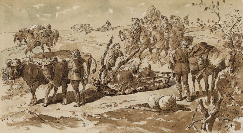 Trenó puxado por bois e cavalos de carga em tempos primitivos de Armand Jean Heins