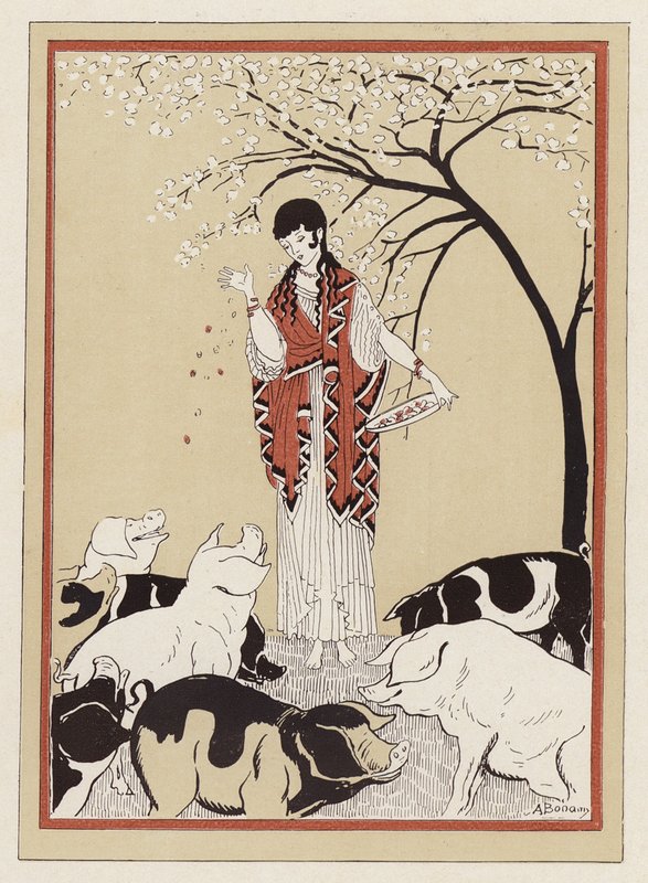 Circe alimentar os companheiros de Odisseu depois de os ter transformado em porcos (cor litho) de Armand Joseph Bonamy