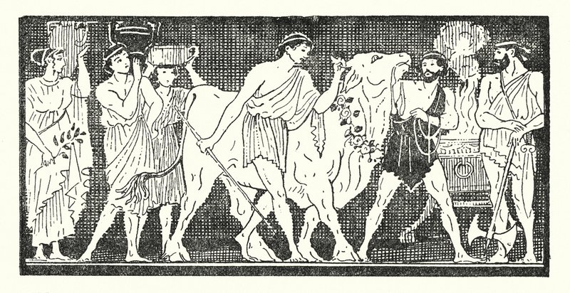 Nestor e seus companheiros levando uma novilha para ser sacrificada (litho) de Armand Joseph Bonamy