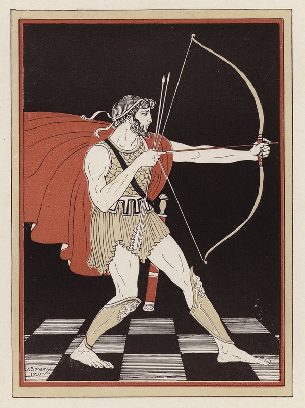 Odisseu a desenhar o seu arco (cor litho) de Armand Joseph Bonamy