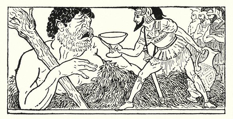 Odisseu oferecendo uma taça de vinho ao gigante Polifemo (litho) de Armand Joseph Bonamy