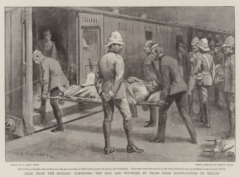 De volta do Sudão, transportando os doentes e feridos de trem de Southampton para Netley de Arthur Kemp Tebby