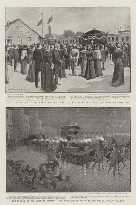 O funeral da rainha da Dinamarca, a procissão de tochas saindo da estação em Roskilde de Arthur Kemp Tebby