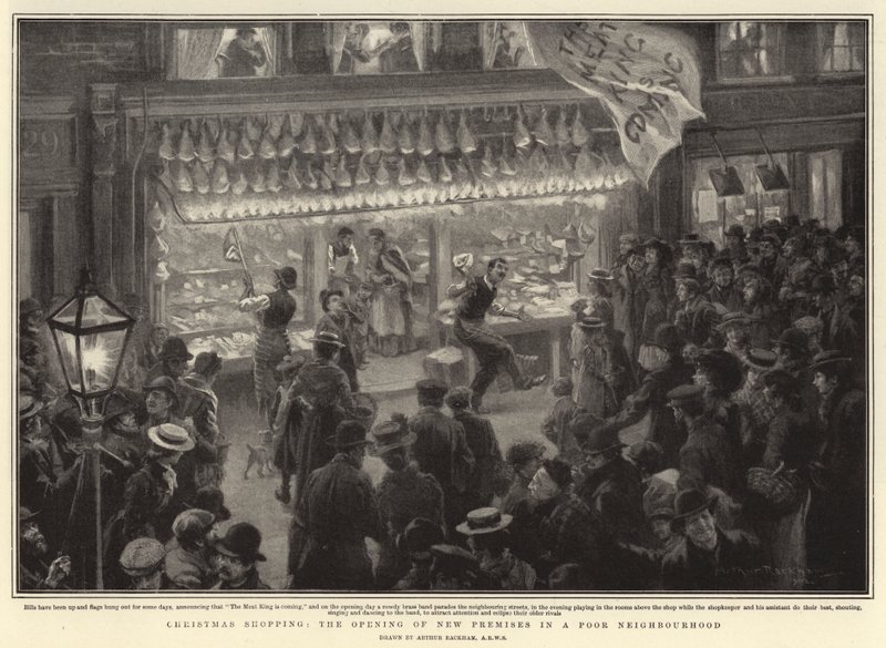Compras de Natal, a abertura de novas instalações em vizinhança pobre de Arthur Rackham