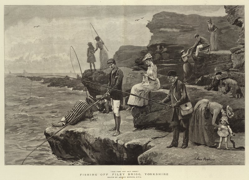Fishing off Filey Brigg, Yorkshire (gravura) de Arthur (after) Hopkins