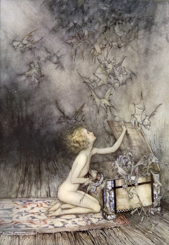 Abertura da caixa de Pandora, cena de A Wonder Book, de Nathaniel Hawthorne (cor litho) de Arthur (after) Rackham
