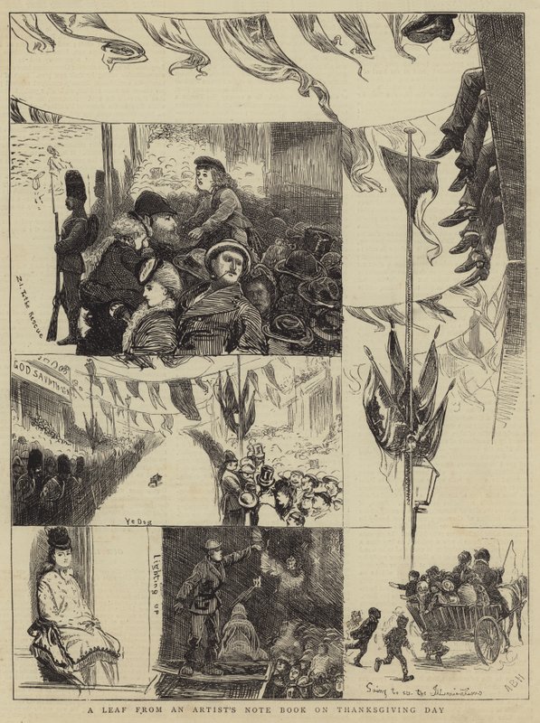 Uma folha de um livro de nota do artista no dia de ação de Graças de Arthur Boyd Houghton