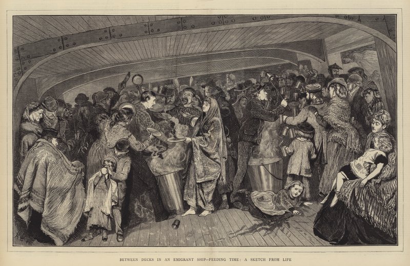 Entre baralhos em um navio de emigrantes, tempo de alimentação, um esboço da vida de Arthur Boyd Houghton
